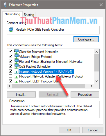 Bấm đúp vào Giao thức Internet Phiên bản 4 (TCP/IPv4)