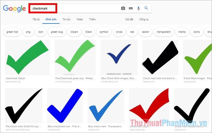 Tìm kiếm Google từ khóa hình ảnh dấu kiểm hoặc biểu tượng dấu kiểm