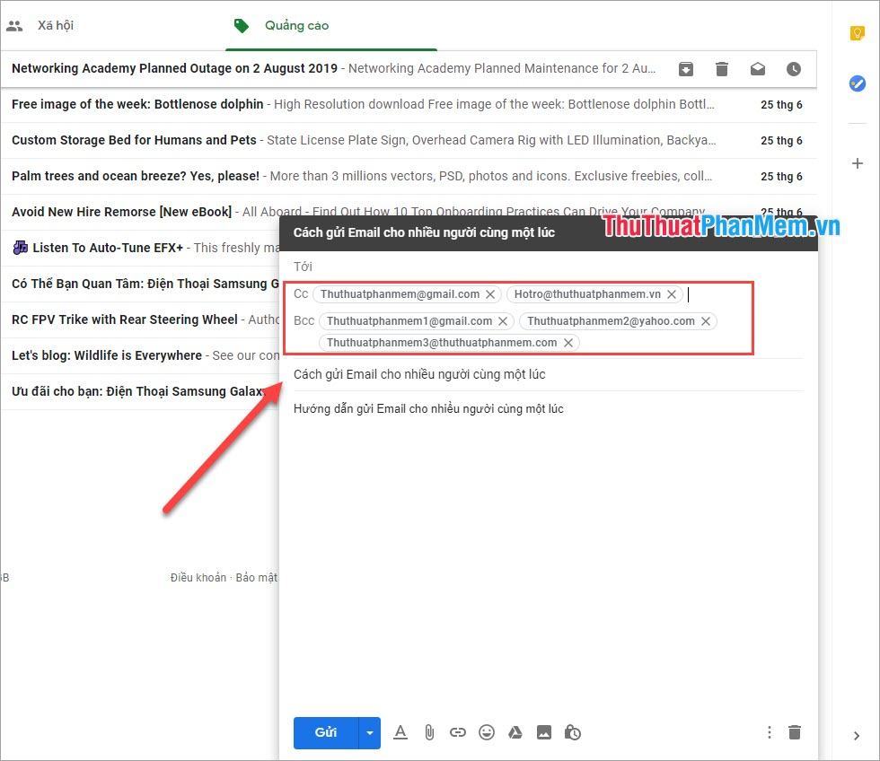 Nhập Email trên Cc và Bcc