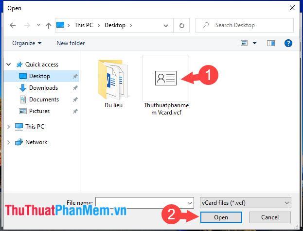 Tìm tệp VCF trên máy tính của bạn và nhấp vào Mở để mở tệp