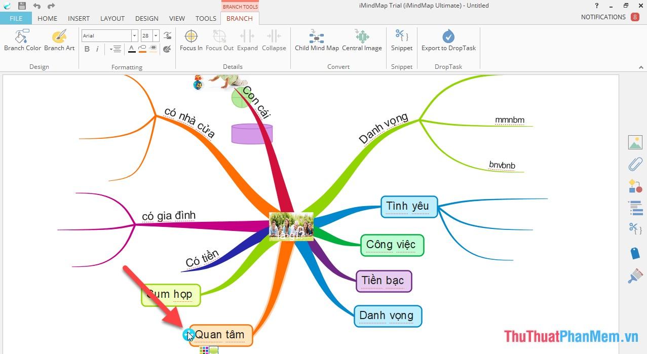 Di chuyển vị trí nhánh bạn click vào biểu tượng mũi tên 4 chiều