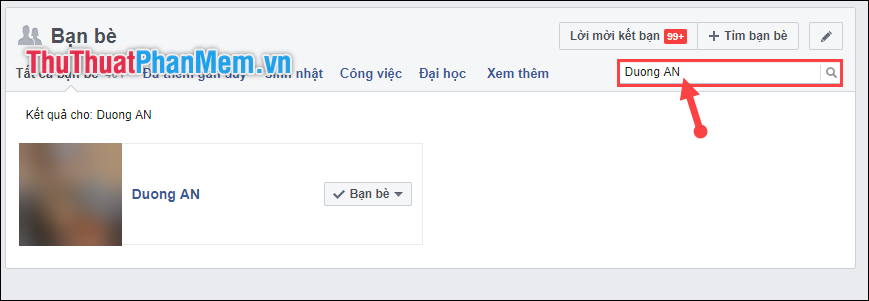 Nhập tên facebook người muốn xóa vào ô tìm kiếm