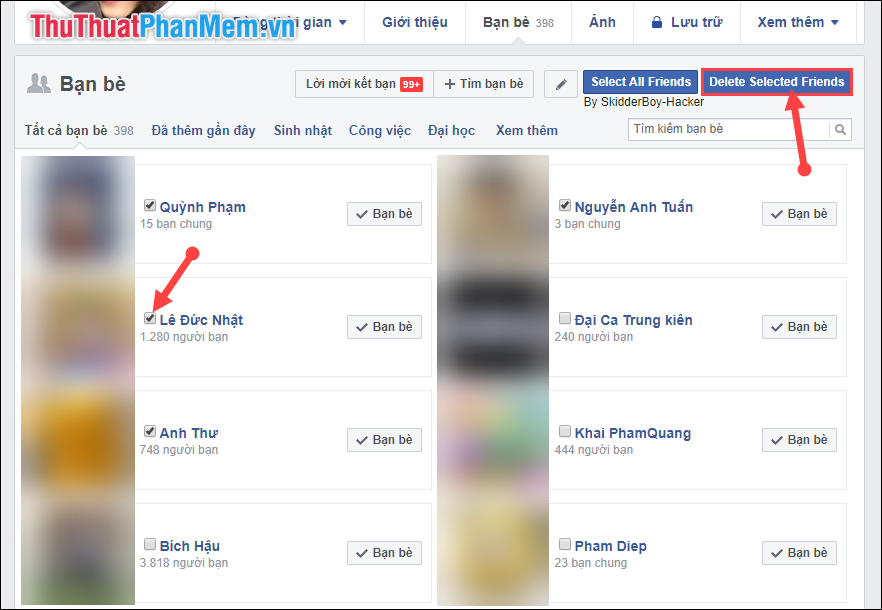 Chọn Xóa bạn bè đã chọn