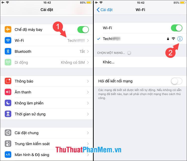 Nhấn vào biểu tượng chữ i trong tên mạng Wifi