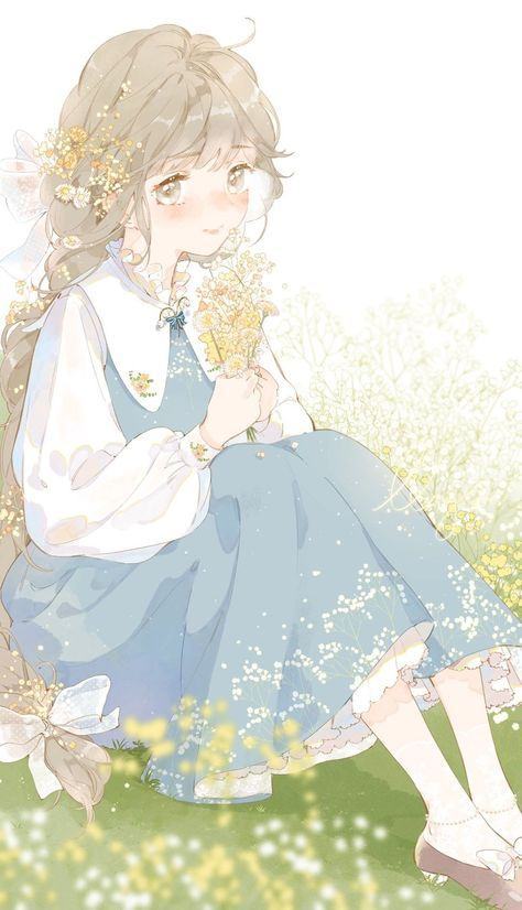 Cô gái anime cầm hoa
