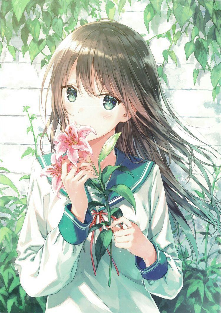 Hình ảnh anime girl cầm hoa