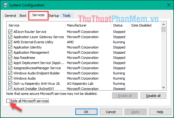 Chọn tab Dịch vụ và đánh dấu vào ô Ẩn tất cả dịch vụ của Microsoft
