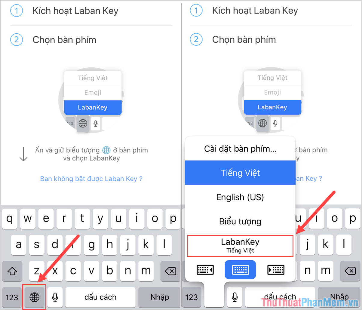 Nhấn vào biểu tượng “Thay đổi bàn phím” trên bàn phím và chọn LabanKey Vietnamese