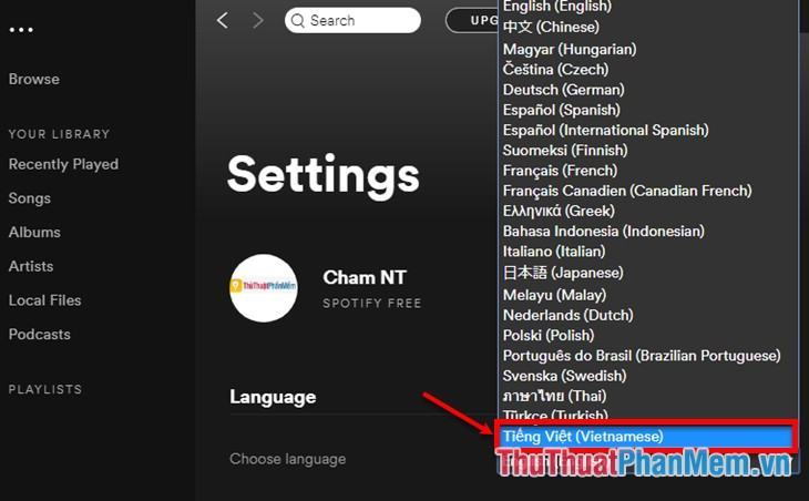 Chọn ngôn ngữ Vietnamese (Tiếng Việt) trong Choose Language
