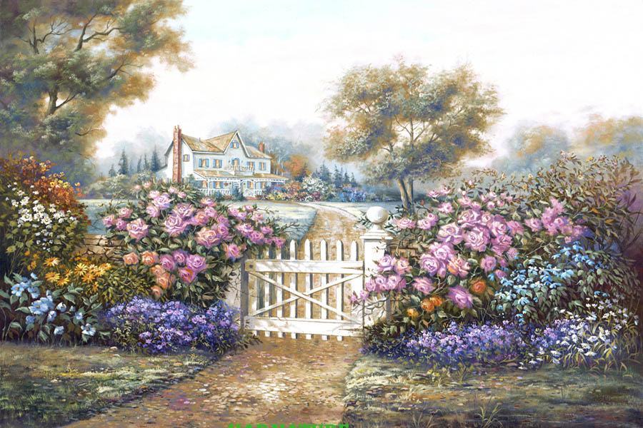 Tranh phong cảnh ngôi nhà trong vườn hoa