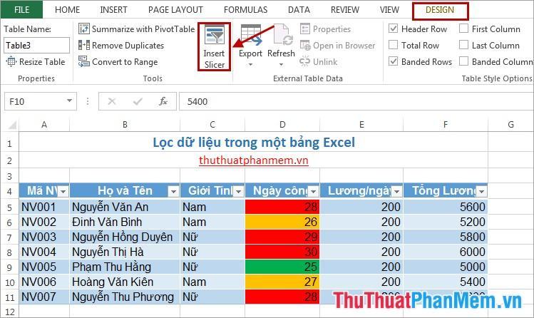 Lọc dữ liệu trong Excel 9 .  bàn