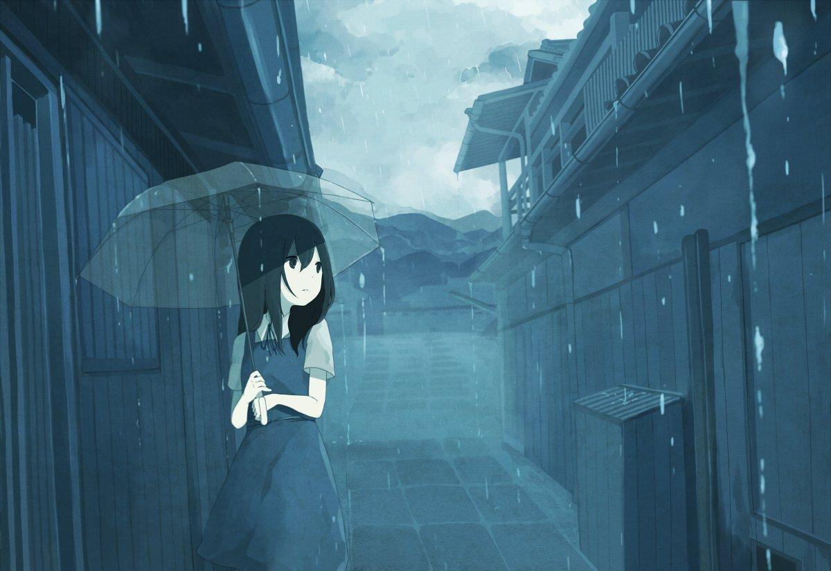 Cô gái anime cầm ô đứng dưới mưa lạnh