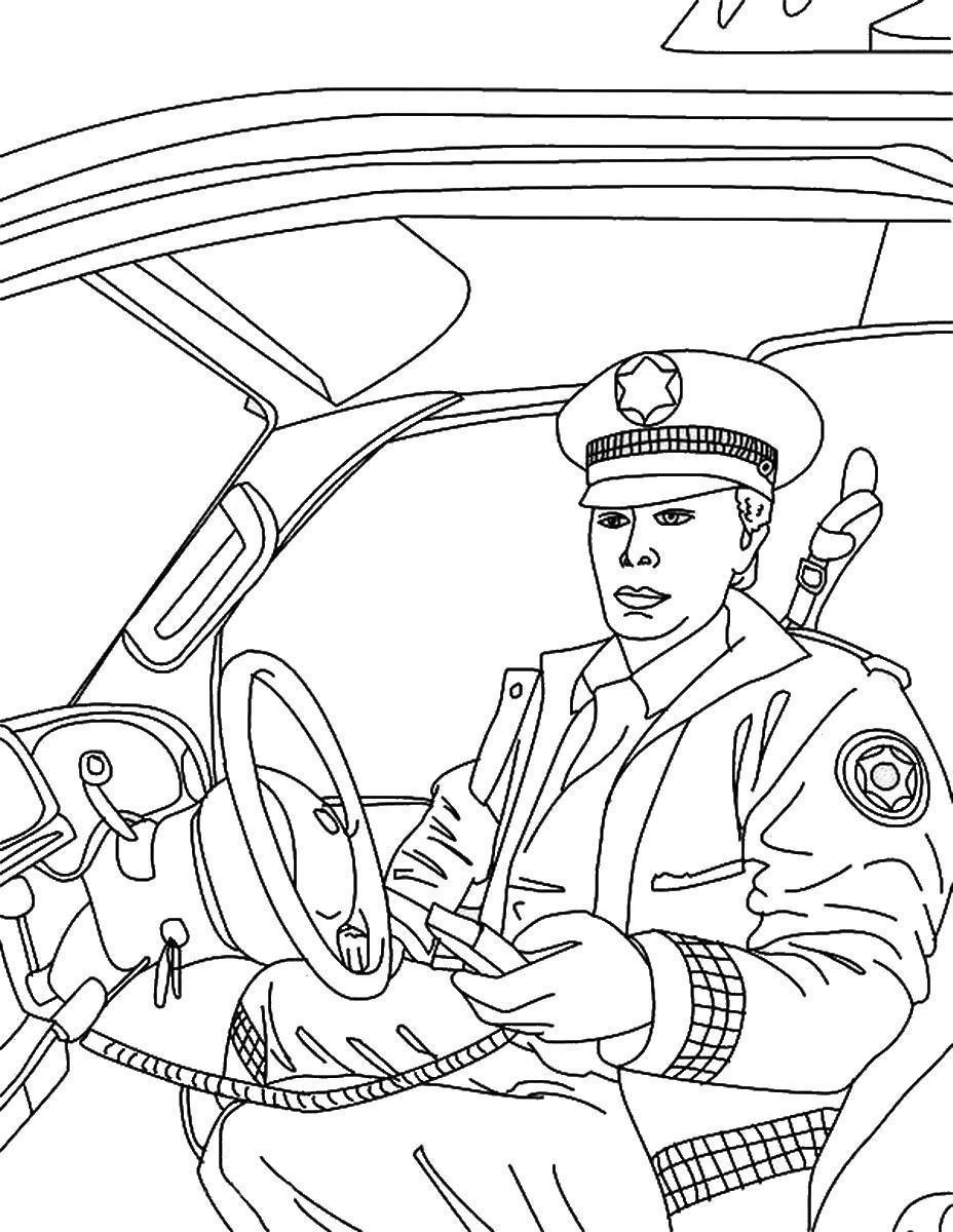 Tranh tô màu chú cảnh sát ngồi trên xe cảnh sát