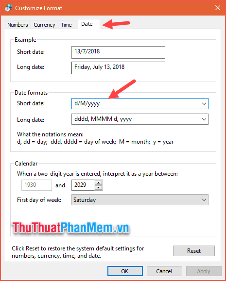 Đặt định dạng ngày bằng cách nhập d/M/yyy