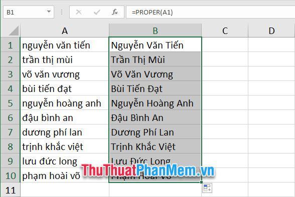 Kết quả là ô dữ liệu chữ hoa đã được chuyển thành chữ thường của ô dữ liệu ban đầu