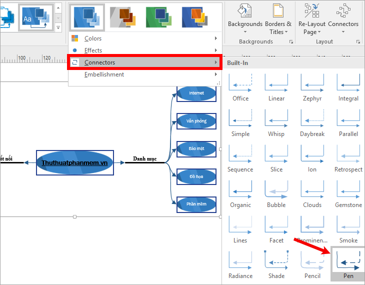 Chọn kiểu mũi tên trong More - Connectors.  phần