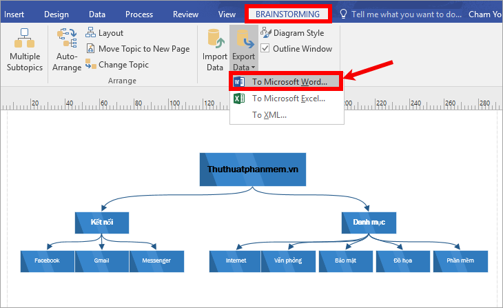 Chọn Động não - Xuất dữ liệu - Sang Microsoft Word