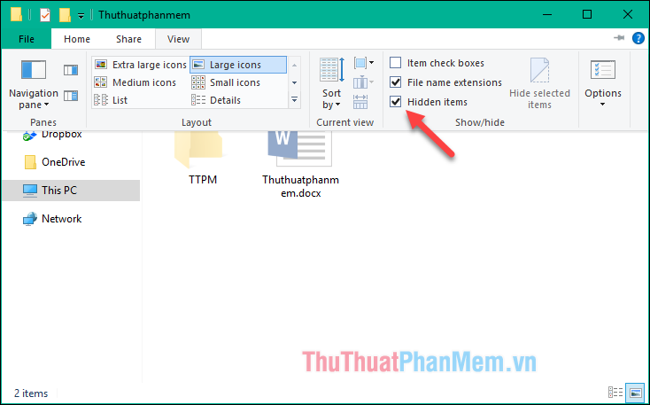 Tại thư mục chứa file ẩn chọn tab View - tích vào mục Hidden items