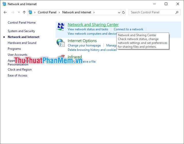 Nhấp vào Trung tâm mạng và chia sẻ