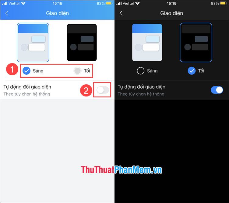 Chọn Giao diện Sáng hoặc Tối