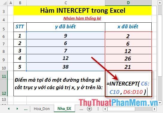 Tại ô cần tính nhập công thức =INTERCEPT(C6:C10,D6:D10)