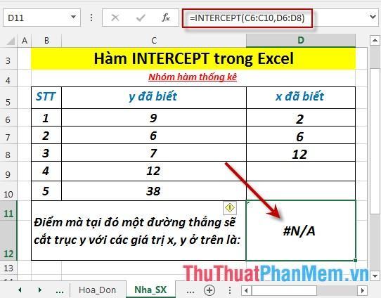 Trường hợp số lượng điểm dữ liệu của 2 mảng x, y khác nhau - hàm trả về giá trị lỗi #N/A