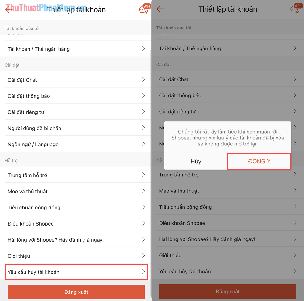 Chọn Đồng ý để xác nhận xóa tài khoản Shopee