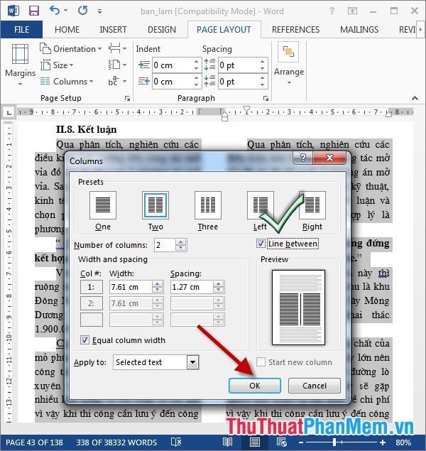 Hộp thoại hiện ra chọn Line between