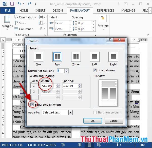 Điều chỉnh độ rộng cột bằng nhau và chọn hộp kiểm Chiều rộng cột bằng nhau