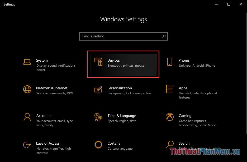 Nhấn tổ hợp Windows + I để mở cài đặt, chọn Thiết bị