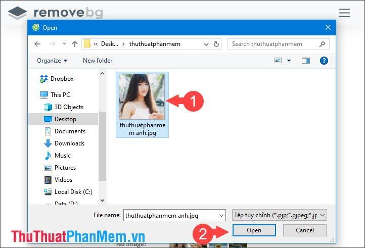 Chọn ảnh cần xóa nền và nhấn Open