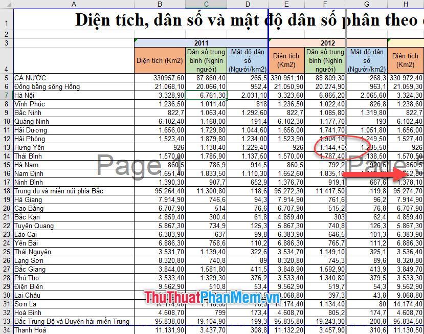 Kéo chuột đến toàn bộ chiều rộng của dữ liệu