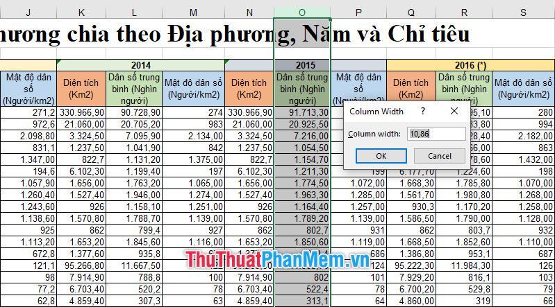 Điền các thông số thích hợp để điều chỉnh độ rộng của cột dữ liệu