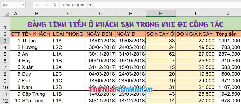 Hàm ví dụ DATEDIF 3