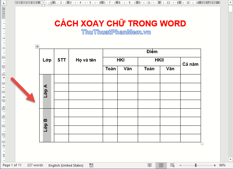 Kết quả xoay văn bản trong bảng