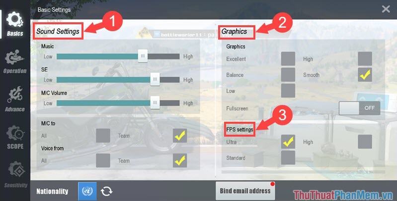 Trong mục Basics sẽ có các thiết lập như âm thanh (Sound), đồ họa (Graphics) và tốc độ khung hình (FPS settings).
