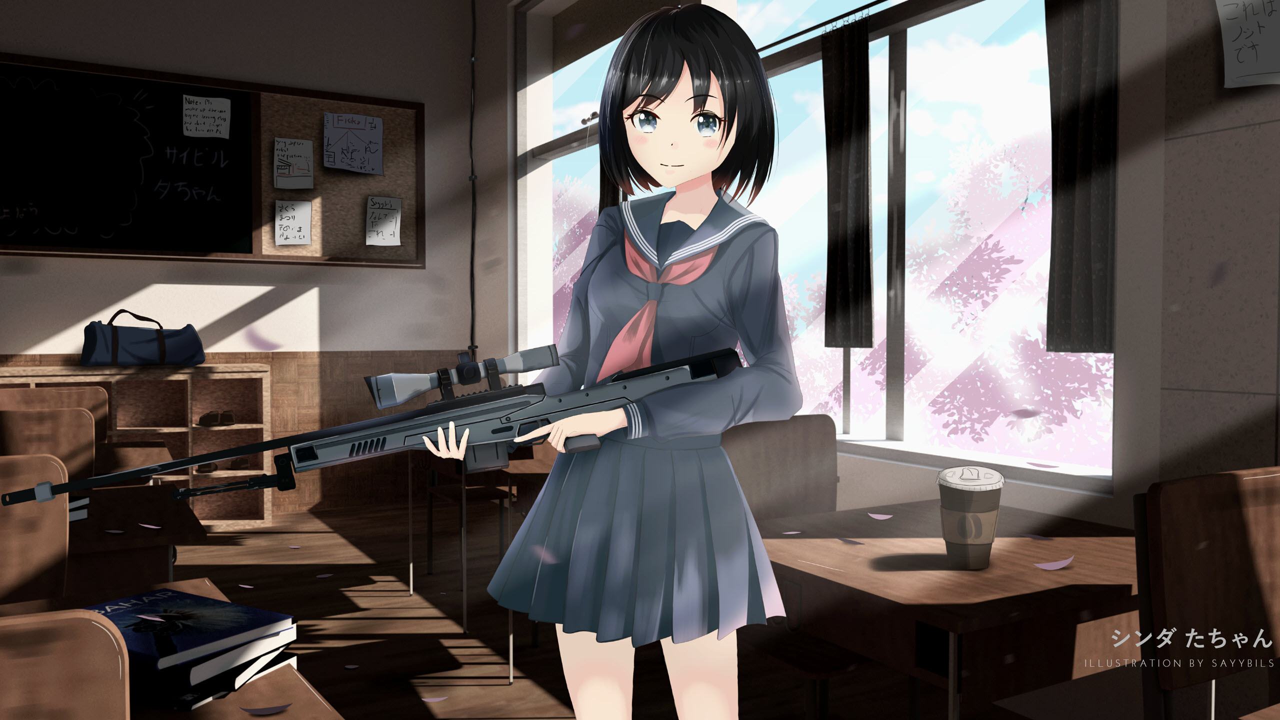 Hình nền anime girl cầm súng 2K cho máy tính