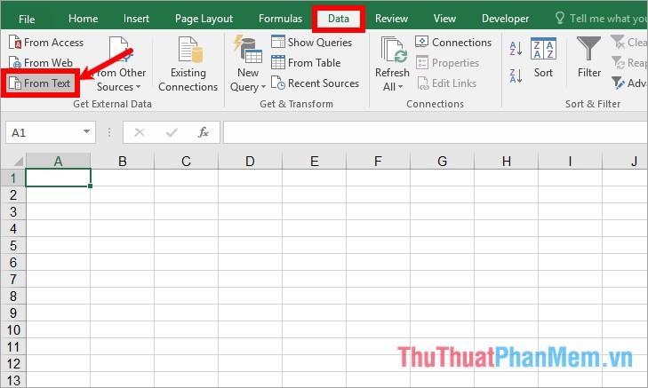 Trên giao diện Excel, chọn thẻ Data - From Text
