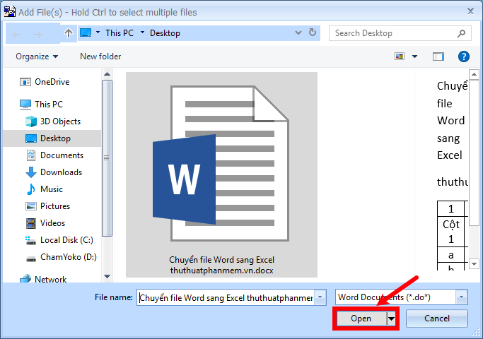 Chọn file Word muốn chuyển sang Excel