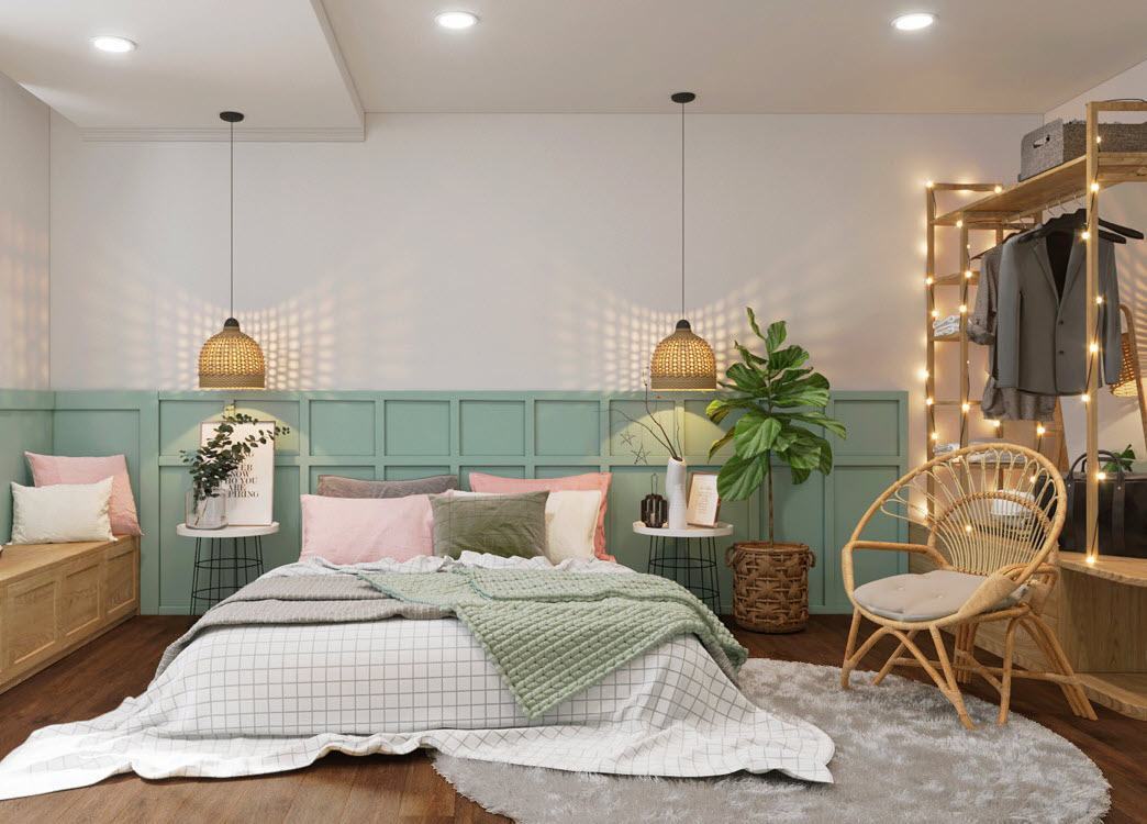 Thiết kế phòng ngủ màu xanh phong cách Indochin
