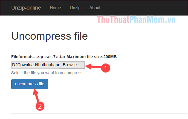 Sau khi chọn file nhấn nút uncompress file để giải nén file