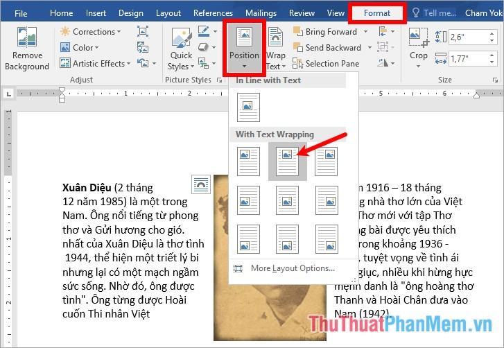 Chọn tab Định dạng - Vị trí - chọn vị trí trên trang