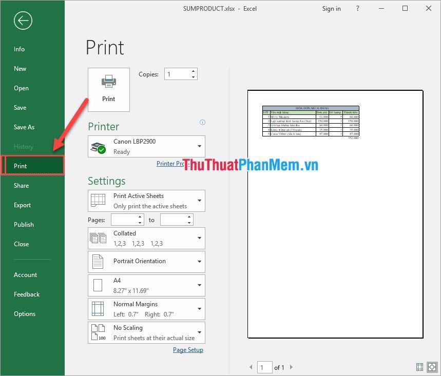 Chọn In trong Excel