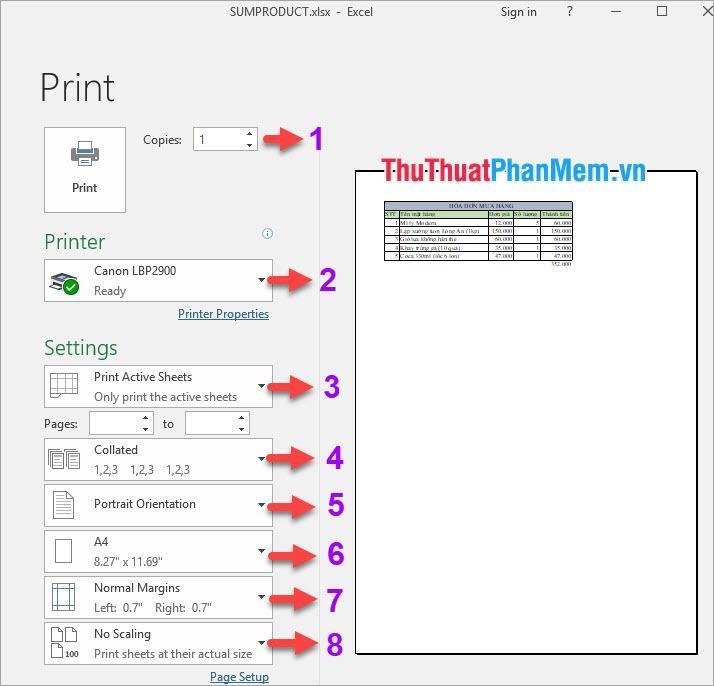 Cửa sổ tùy chọn in trong Excel