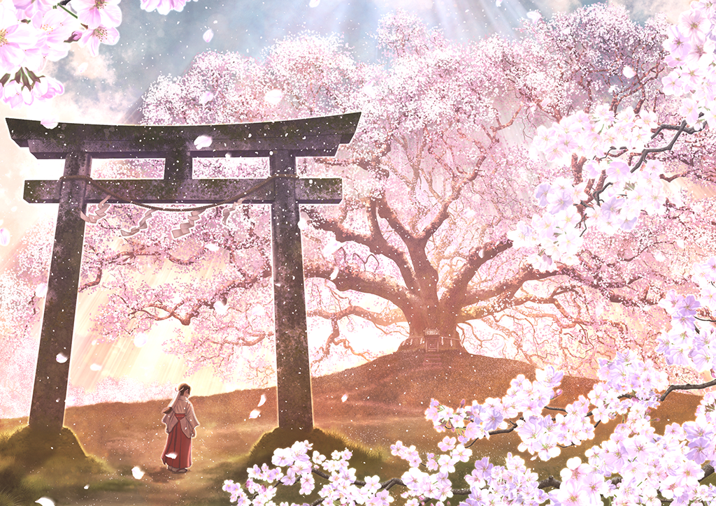 Hình ảnh hoa đào ngày Tết được minh họa bằng tranh anime