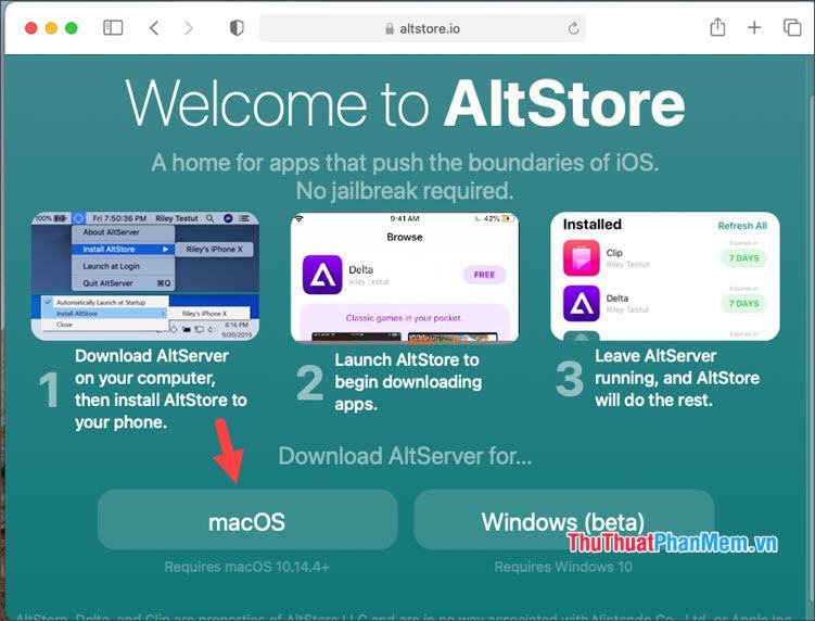 Nhấp vào nút macOS để tải xuống bản cài đặt AltStore cho Mac