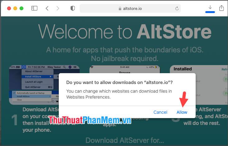 Nhấn Allow để cho phép Safari tải xuống từ trang này