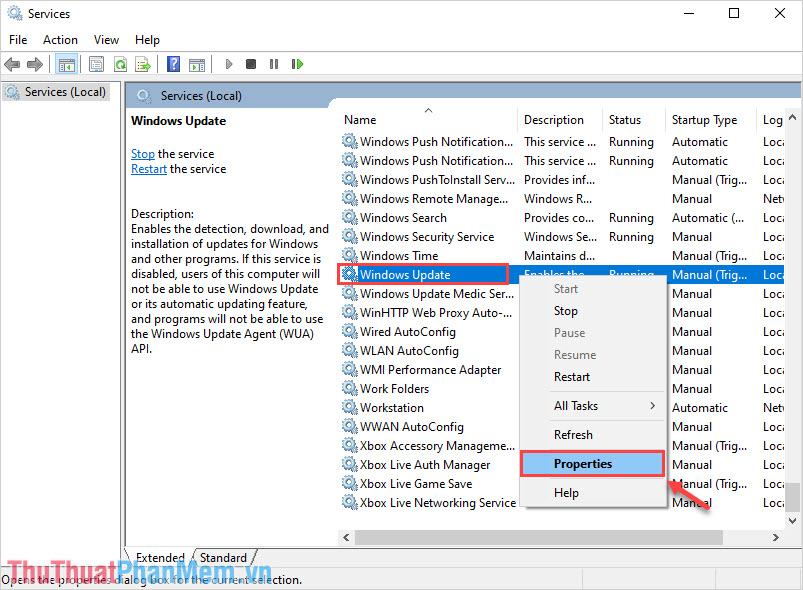 Tìm Windows Update và nhấp chuột phải và chọn Thuộc tính