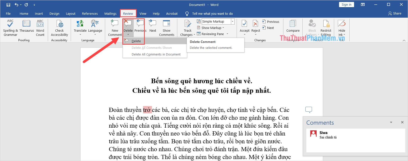 Chọn Xóa để tiến hành xóa Bình luận trên Word