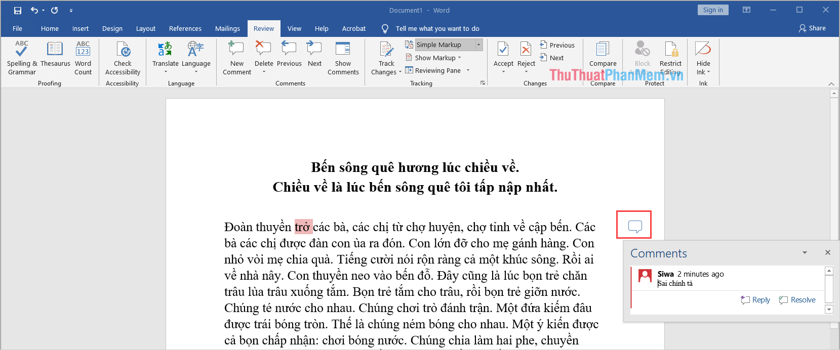 Click vào Comment để xóa trên máy tính